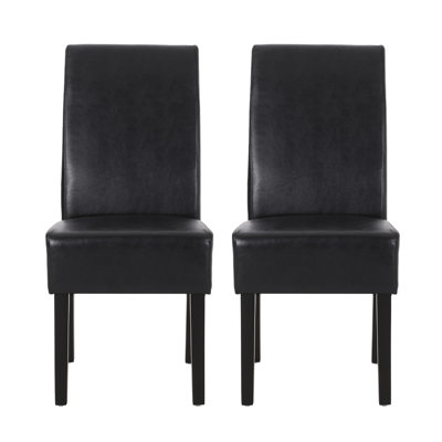Dining Side Chair Set Of 2, Black Rubberwood, Faux Leather Cushions
