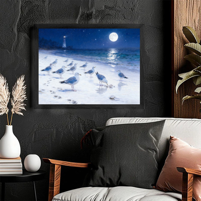 Mouette noire encadrée au noir, art de plage illuminé par des paysages côtiers, H 13 po x l 17 po