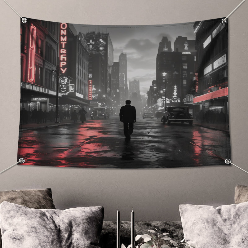 Tapisserie murale noire «Cityscape», 68 po H x 80 po L avec 4 œillets