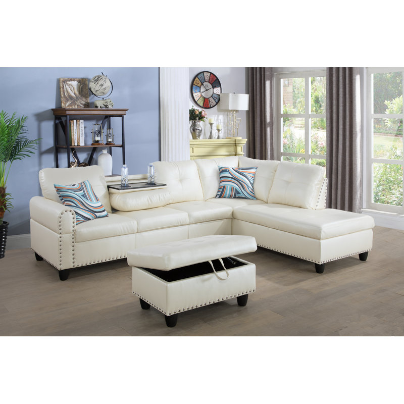 White Faux Leather 3-Piece Sectional Sofa Set with Storage Ottoman, Right Hand Facing, Off-White Faux Leather