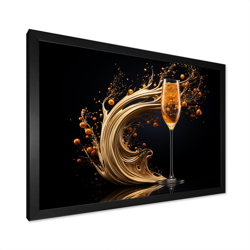 Champagne Spiral Glass Gold Splash - Champagne, art mural, Cadre d'angle fermé noir, H 12 po x l 20 po x P 1 po