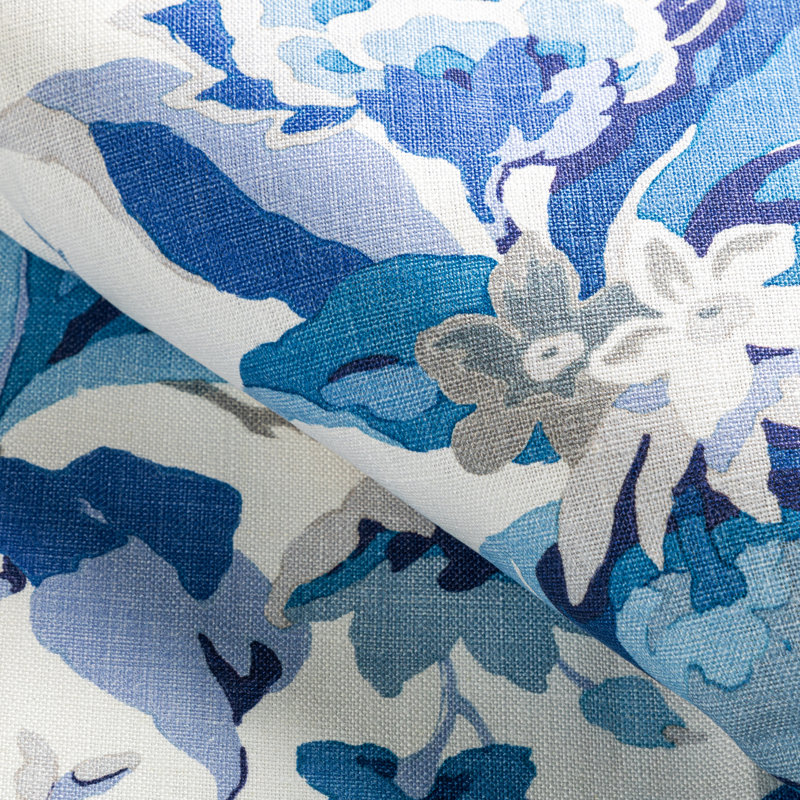 Majorelle Horseshoe Bay 100% Linen Fabric, Blue/Ivory