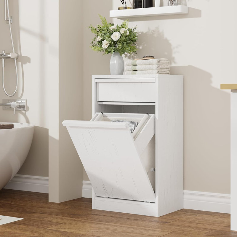 Laundry Hamper Cabinet, with Single Tilt Out Storage Baskets, 10 Gallon Farmhouse Trash Can Cabinet with Drawer, Hidden Wood Laundry Hamper for Bathroom