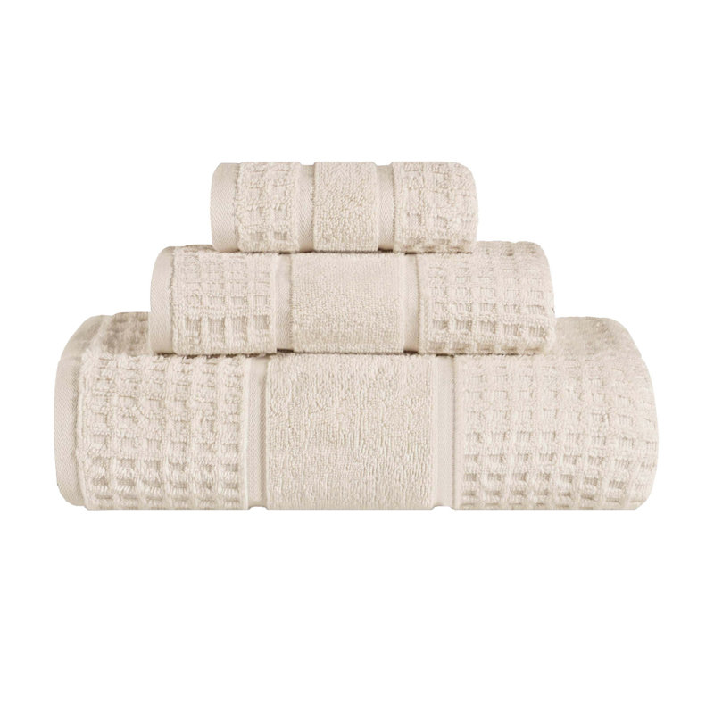 Ensemble de serviettes en coton gaufré Hisela Zero Twist, Ivoire, Ensemble 3 serviettes de bain