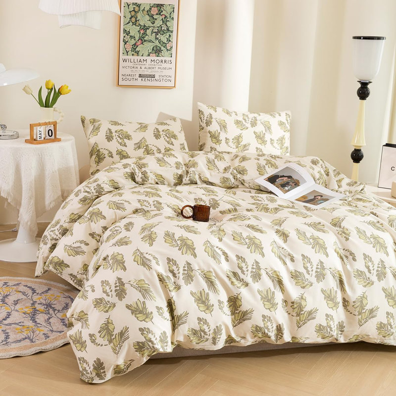3 PCS Mini Leaves Duvet Cover Ultra Soft & Breathable Comforter Cover, Beige Floral, King Duvet Cover + 2 Shams