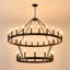 Lustre à 2 niveaux avec roulettes en bois de style campagnard avec 36 lumières (24 + 12) ou (12 + 24), lustres en métal noir et 2 étages pour vestibule industriel pour plafond de salle à manger. Hauteur réglable-346652117