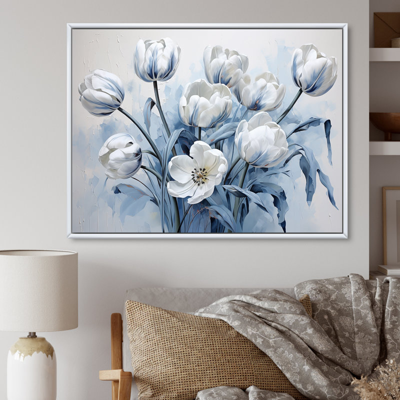 Minimalisme, tulipes bleues et blanches, coup de pinceau sur toile, Cadre flottant blanc, H 24 po x l 32 po x P 1 po