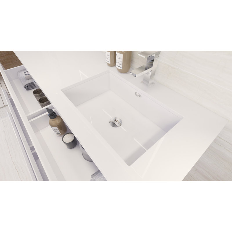 Évier de salle de bain autoportant Rheana 60 po avec lavabo en acrylique renforcé, évier droit, Gris ultrabrillant