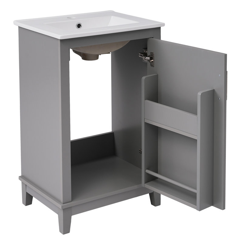 Meuble-lavabo moderne avec lavabo en céramique et grand rangement, Gris