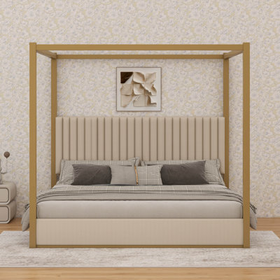King Size Upholstery Canopy Platform Bed With Headboard And Metal Frame