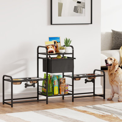 Support à 3 bols pour chien à hauteur réglable avec 2 postes d'alimentation, panier à jouets, noir