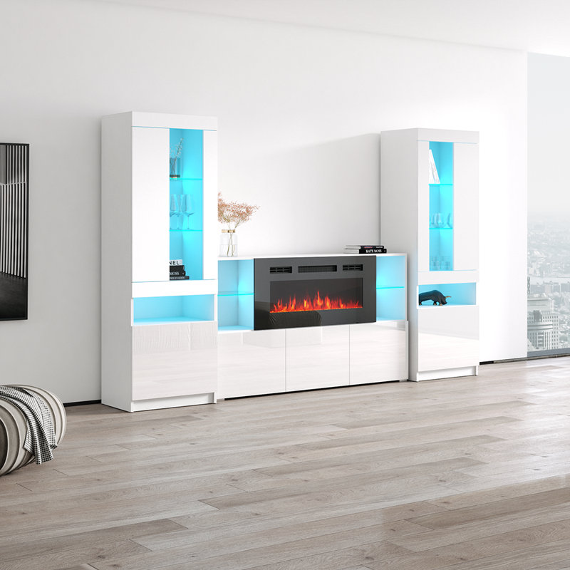 Camberlynn 110.2" Modern Entertainment Center with Electric Fireplace, High Gloss Finish, Media Storage, White