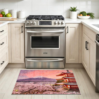 Pink Japan Pagoda Spring Cherry Blossoms Sakura Mount Tokyo Machine Washable Indoor Area Rug