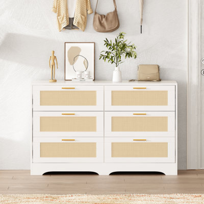 Commode en rotin de 47 po avec 6 tiroirs, commode en rotin avec poignées dorées et commode double de 30 po Nakeesha