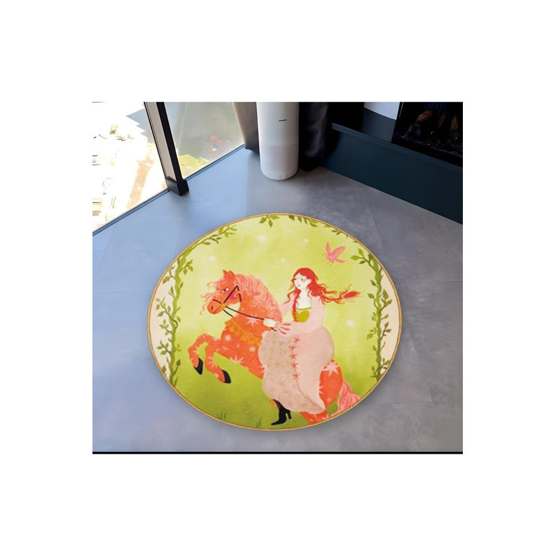 Green Themed Horse Princess Patterned Round Woven Base Vintage Decorative Rug