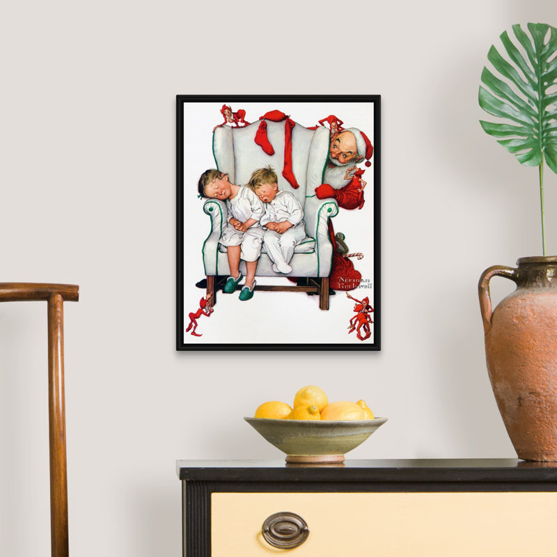 Père Noël remplissant les bas, art mural sur toile, Cadre flottant noir, H 22 po x l 18 po x P 1,75 po