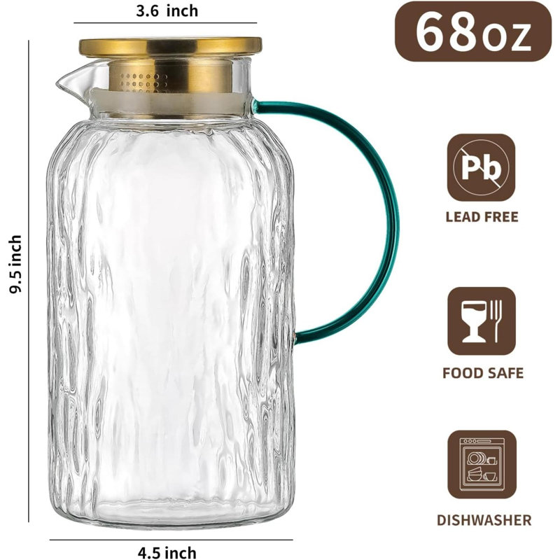 2 PACK Glass Pitcher With Lid And Spout, 68 Oz/2 Litre Water Pitcher For Fridge, Clear Borosilicate Glass Water Carafe For Cold Brew, Coffee, Iced Suntea,Milk, Heat Resistant