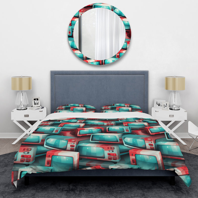 Ensemble de housse de couette rouge et cyan Popart Retro Tv, Housse de couette simple + 1 taie décorative stan