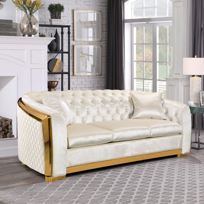 Modern Sofavelvet Luxury Chesterfield Sofa Set, 84 Es Tufted 3 Seat Couch With Stainless  ,  Fabric