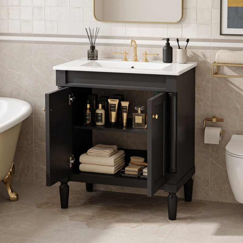 Meuble-lavabo avec lavabo intégré en céramique et tablette de rangement réglable