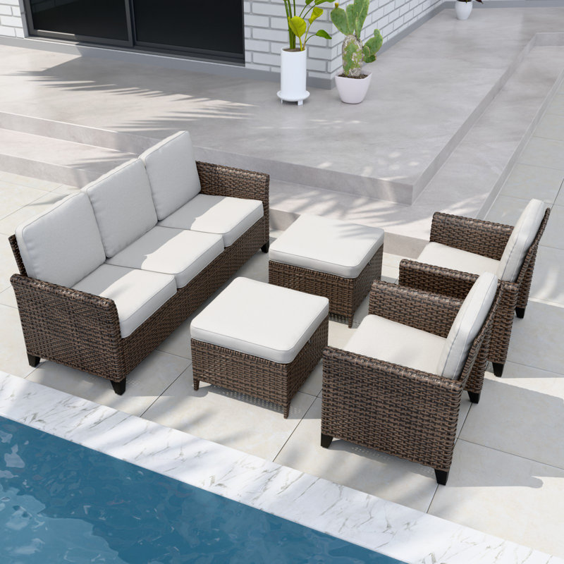 5-Piece Spacious Seating Group Patio Multi-brown Wicker Rattan Sofa Set with Cushions, Beige