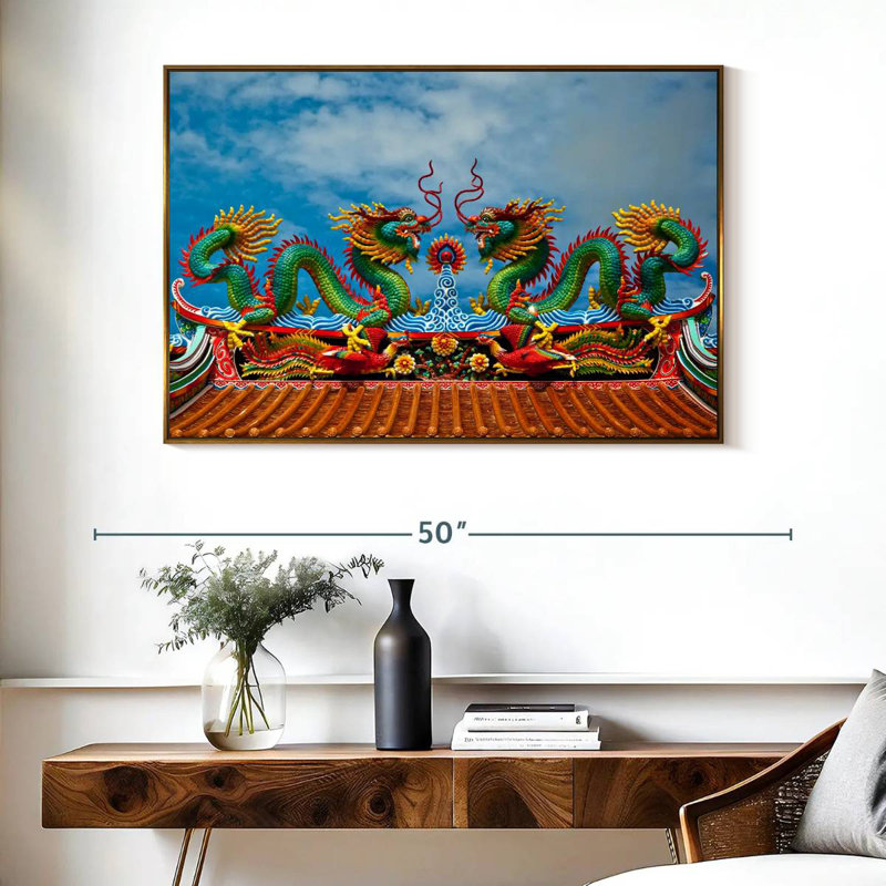 Simple dragon oriental, Cadre flottant doré, 40 po x 27 po