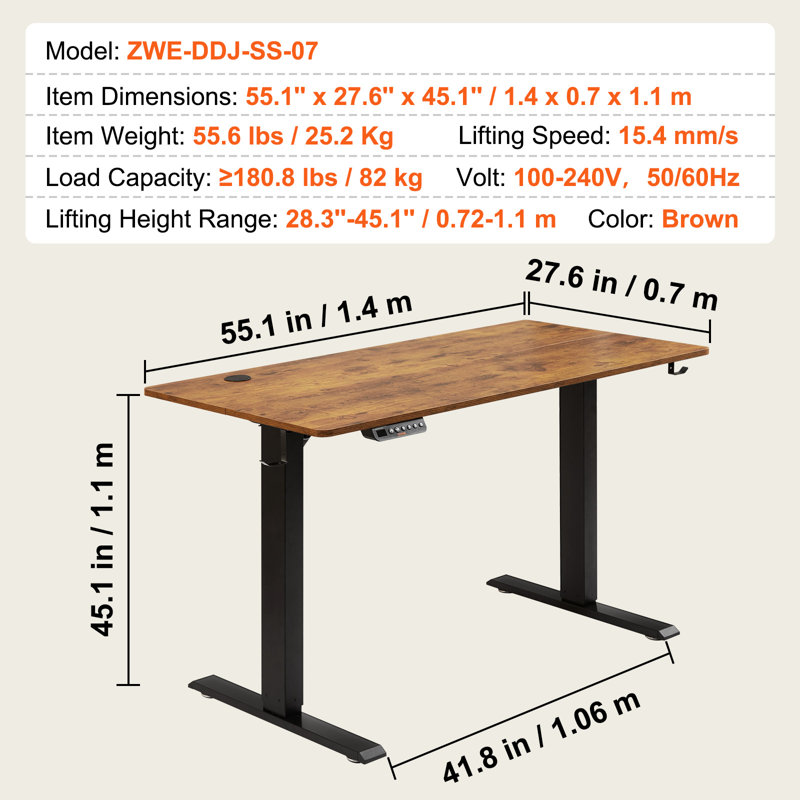 Lamin Adjustable Metal Base Standing Desk, 45.1" H x 55.1" W x 27.6" D