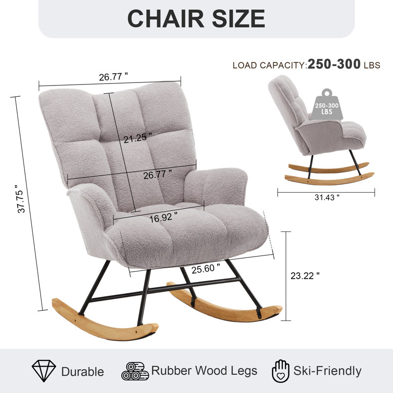 Chaise berçante rembourrée à haut dossier avec pieds en bois massif Teddy, Gris