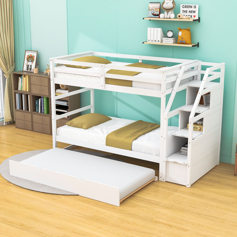 Twin Over Twin Wood Bunk Bed With Twin Trundle, Storage Staircase And Guardrails, White