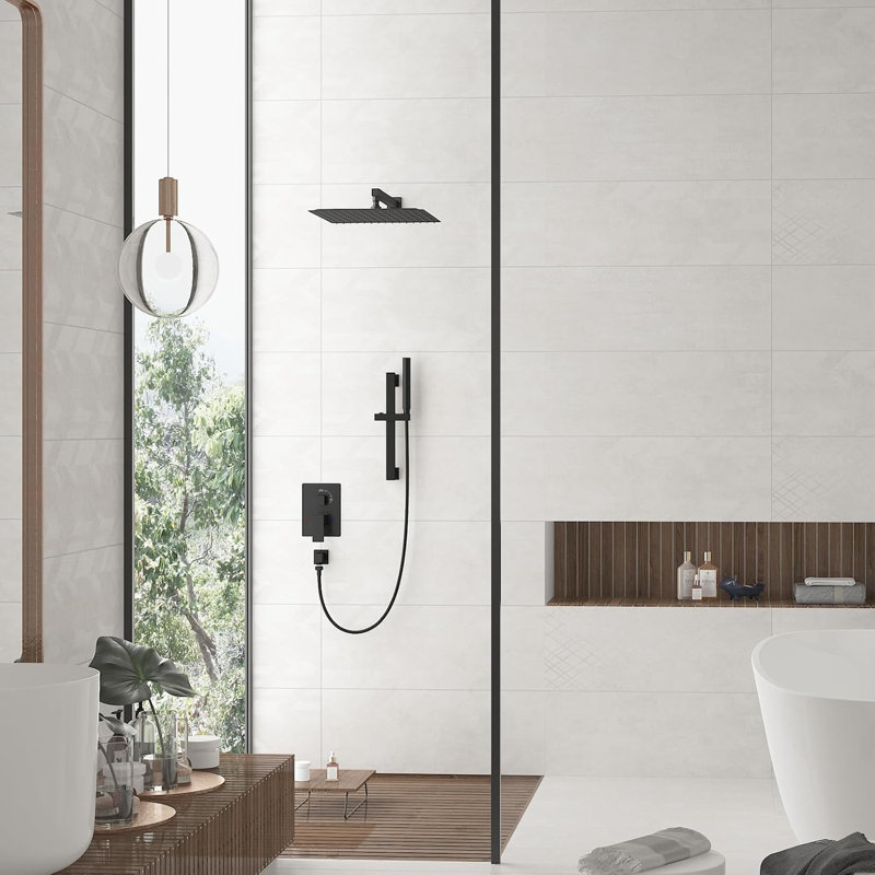 Hoimpro 2-In-1 Shower System With Adjustable Slide Bar, 12 Inch Square Rain Shower Head And Handheld Shower Wand, Wall Mounted Bathroom Shower Set