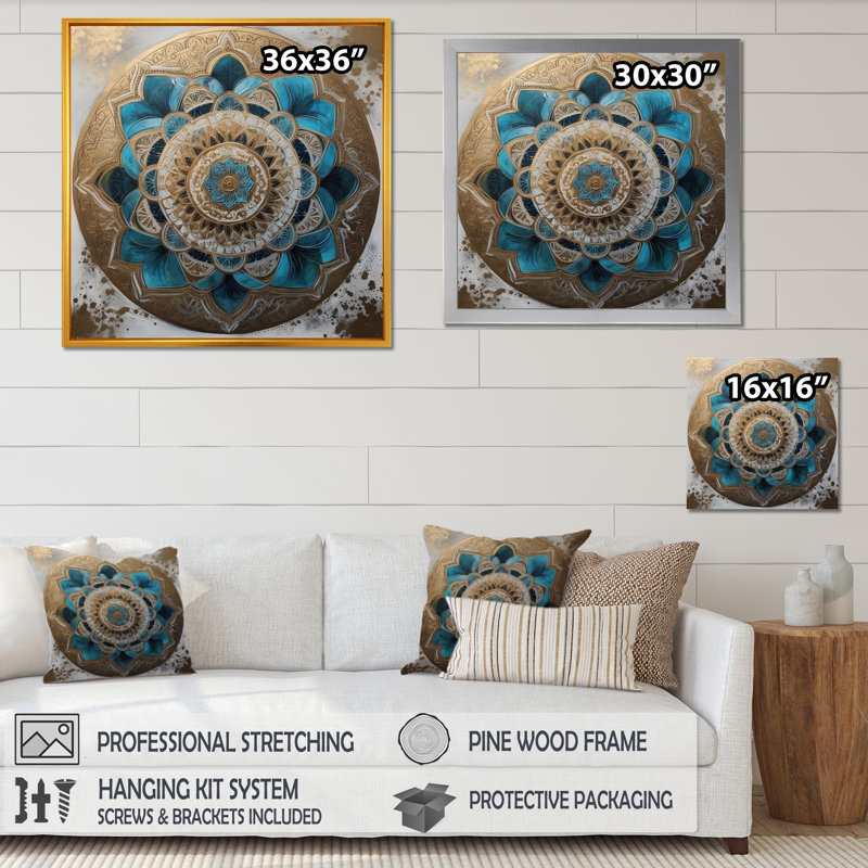 Mandala bleu et or III sur toile, H 30 po x l 30 po x P 1 po, Cadre flottant doré