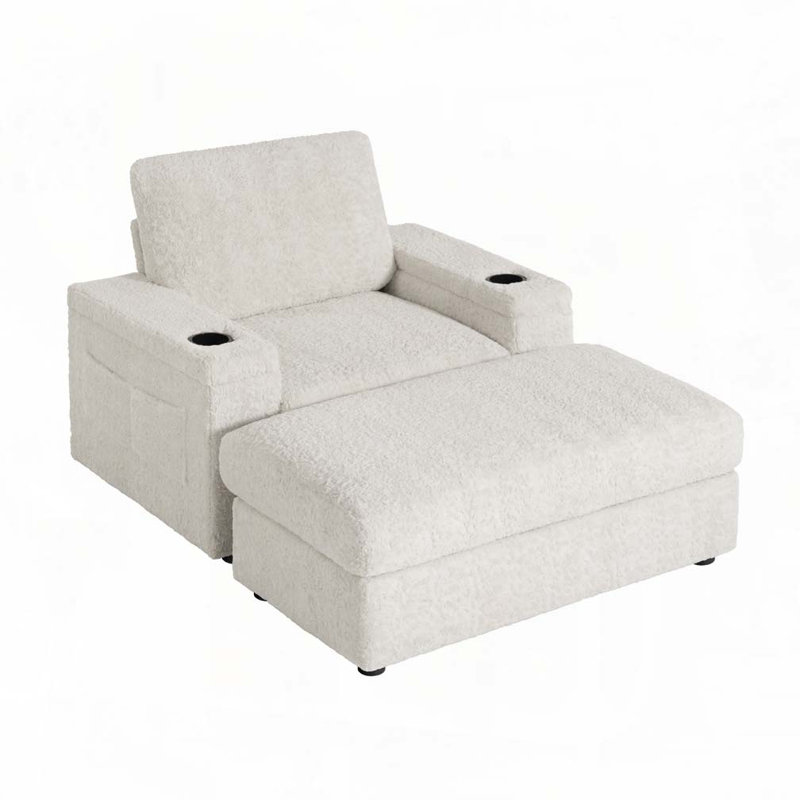 Fauteuil-lit surdimensionné de 42 po avec méridienne rembourrée avec repose-pieds et rangement, porte-gobelets, Beige