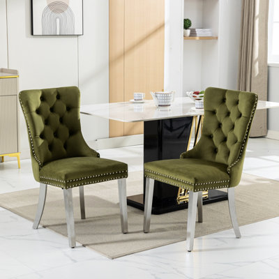 Chaise de salle à manger moderne rembourrée, velours olive, pieds en bois massif, coussin en mousse à haute résilience, garniture cloutée décorative, ensemble de 2 chaises, structure en acier inoxydable chromé SW1701OL