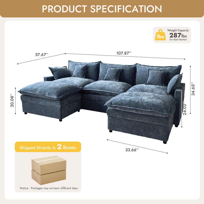 Canapé modulaire 107 po avec repose-pieds 107 po, Chenille bleu