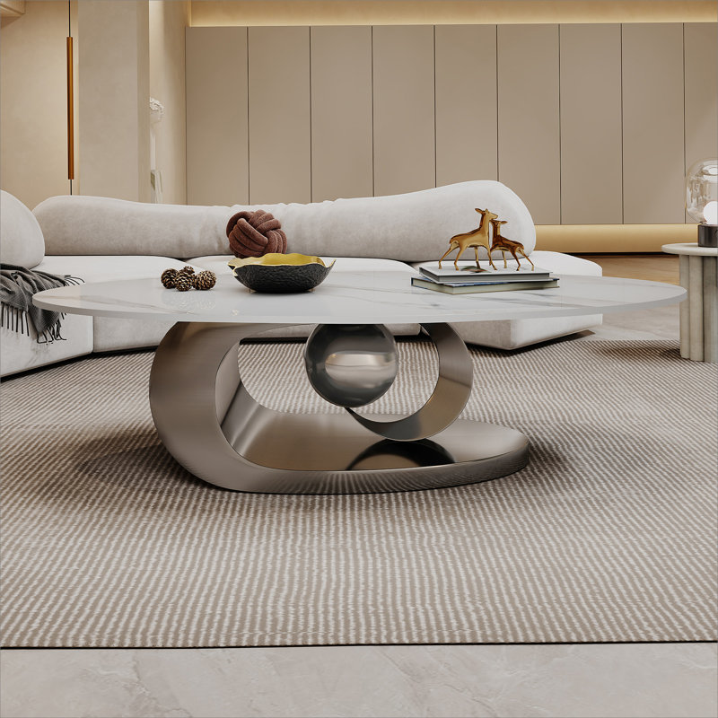 Table basse en marbre avec base sculpturale en acier inoxydable, Gris