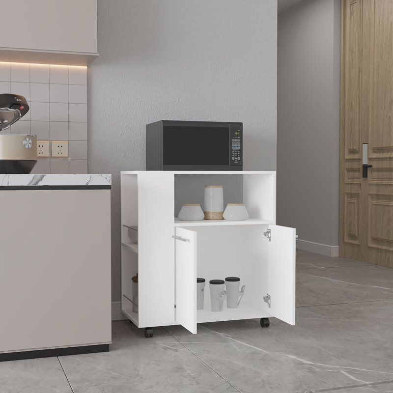 Chariot de cuisine, 2 portes, 3 tablettes, 4 roulettes, Blanc