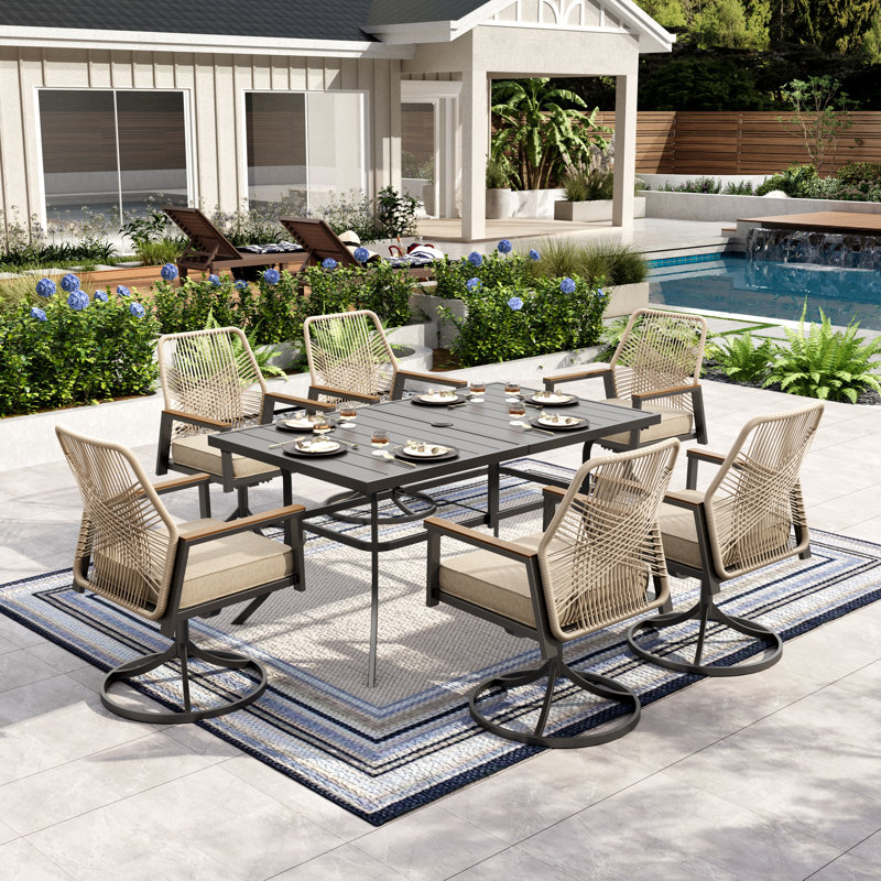 6 - Person Rectangular Outdoor Dining Set With Swivel Chairs & Cushions