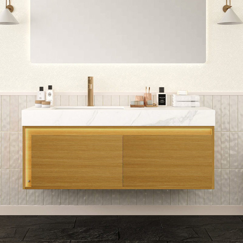 Meuble-lavabo 48 po, meuble de rangement flottant ultra-mince en contreplaqué, tiroirs avec capteur de lumière, comptoir en pierre frittée blanc de Carrare et lavabo encastré en céramique