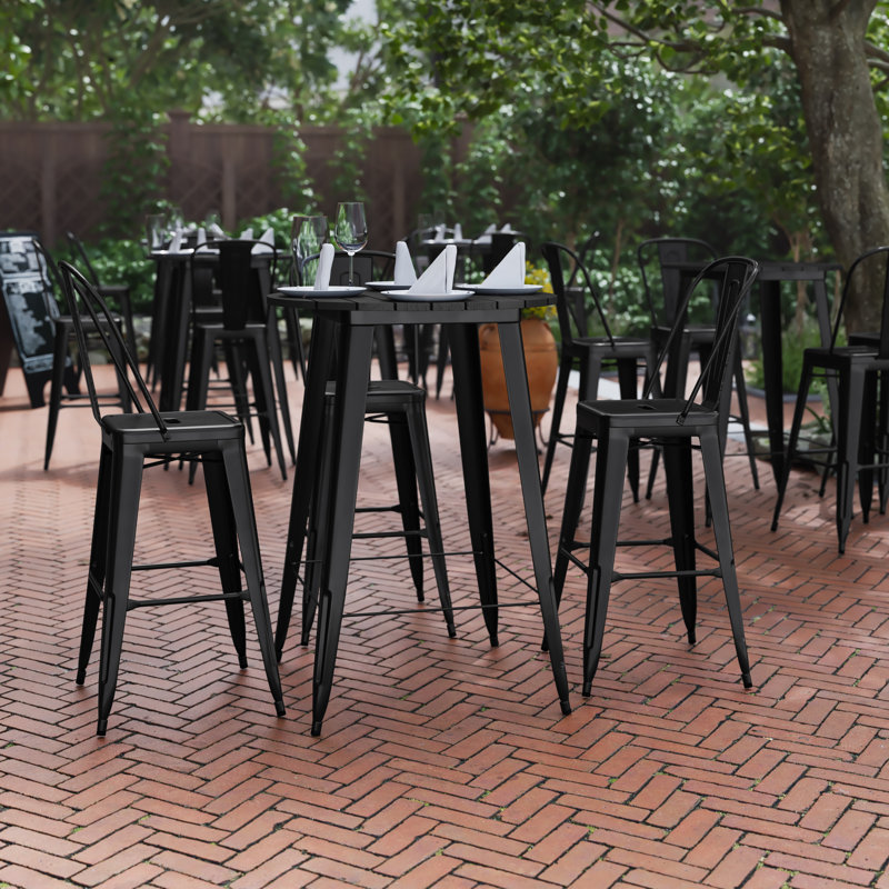 Table de bar commerciale / intérieure ronde en poly avec structure en acier Greory, Noir, L 30 po x L 30 po