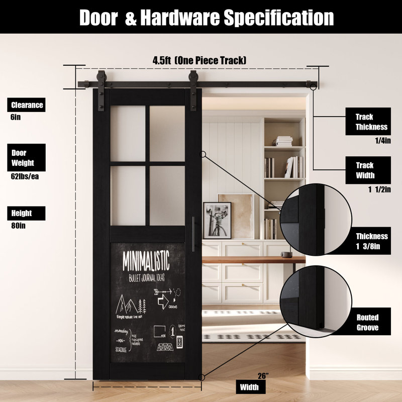 Porte de grange non assemblée et finie avec trousse de quincaillerie avec ensemble de quincaillerie Homacer Black 26 po x 80 po Homacer