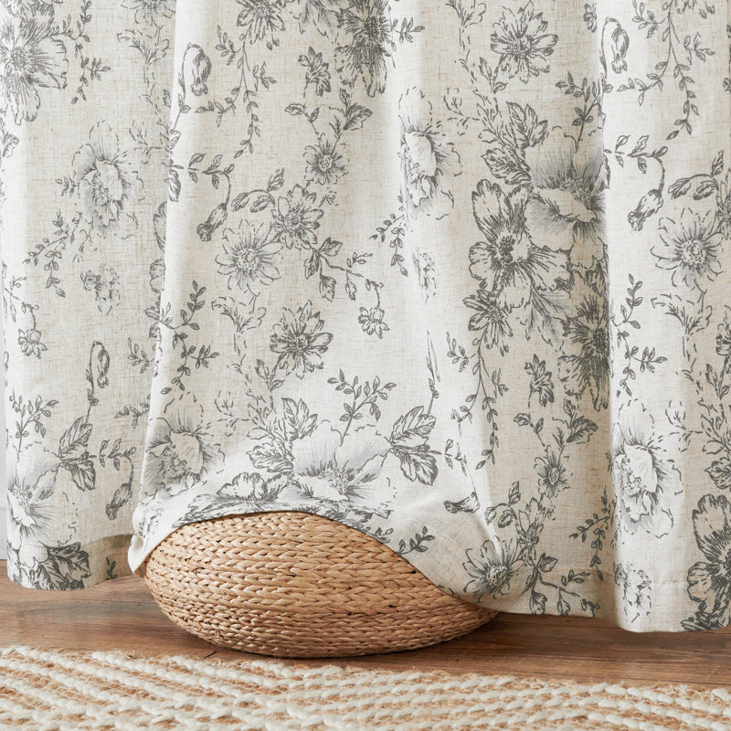 Neacsa Linen Semi Sheer Peony Flower Patterned Rod Pocket Curtain Pair, Gray, 50" W x 96" L