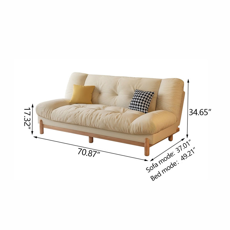 Canapé-lit beige moderne en velours côtelé minimaliste avec coussins, H 34,65 po x l 70,87 po x P 37,01 po, 3