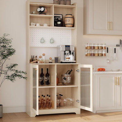 71" Kitchen Pantry Cabinet with Glass Doors, Pegboard, and Open Shelves, Wooden Sideboard Buffet Cabinet with Hutch, Coffee Bar Storage Organizer for by Ebern Designs