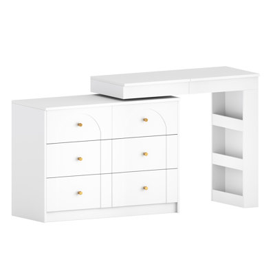 Vanity Desk With Mirror & LED Lights, Flip-Top Makeup Table With 7 Drawers, 9 Compartments & 3 Shelves, Adjustable Color Modes, White