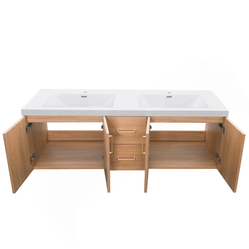 Ensemble de meuble-lavabo mural 60 po avec poignées dorées et lavabos doubles, 20,47 po H x 60 po L x 19,49 po P