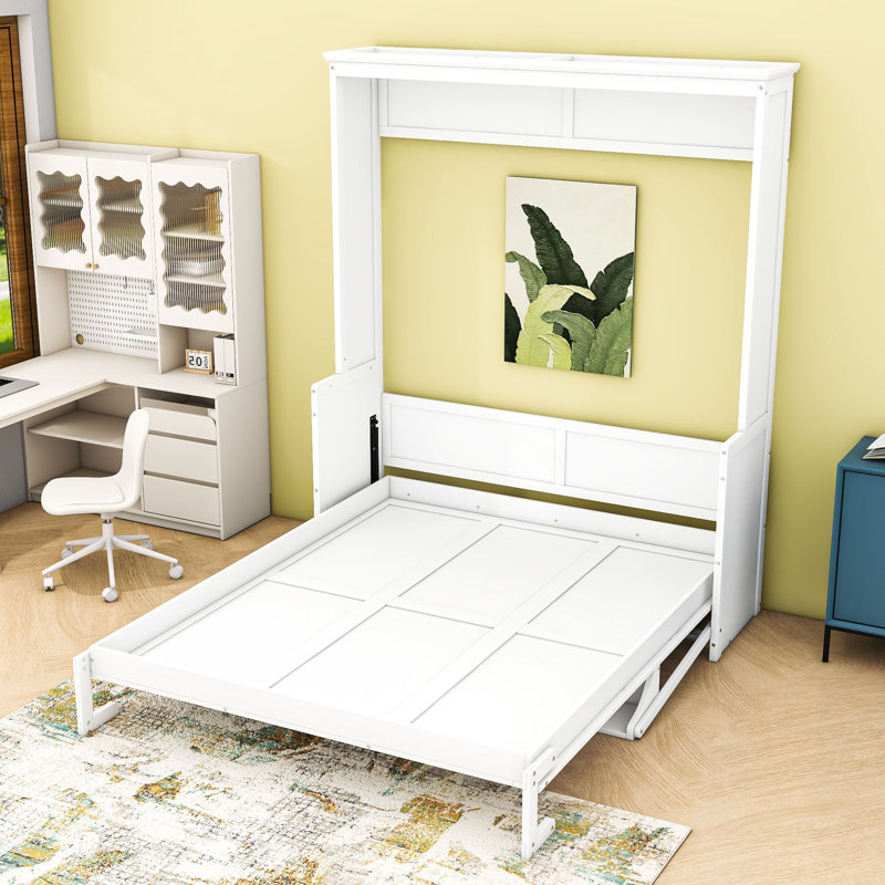 Grand lit escamotable en bois avec tablette de bureau convertible, Blanc