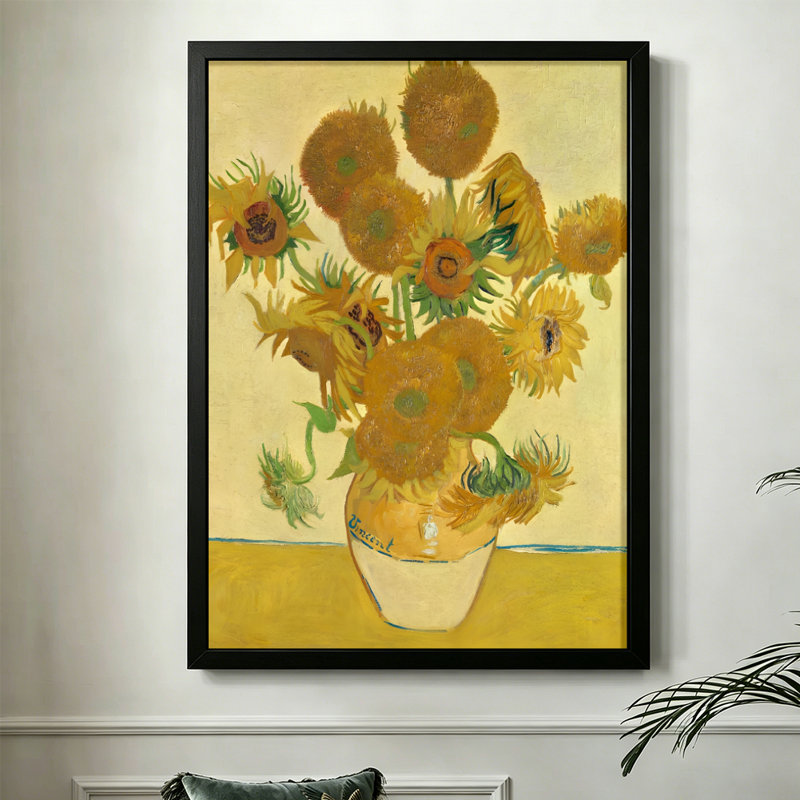 Tournesols modernes et abstraits dans un vase, tourbillonnant et dynamique, style de peinture à l'huile post-impressionniste. Art mural 24 "x 36" avec cadre en bois noir