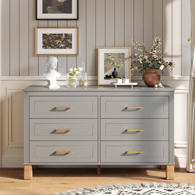 Commode moderne à 6 tiroirs avec glissières préinstallées et pieds en bois massif