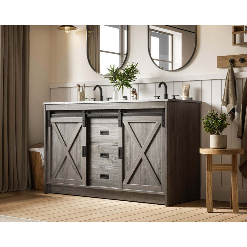 Meuble-lavabo double Boden, Gris rustique
