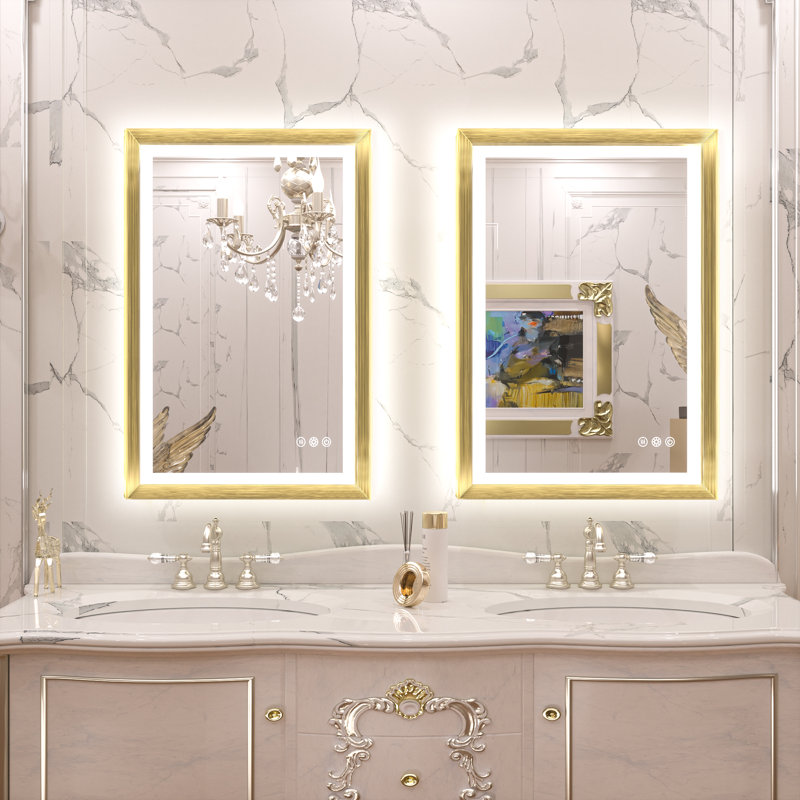New Rockford Frontlit & Backlit LED Bathroom Vanity Mirror, Gold, 36" x 24", Rectangle